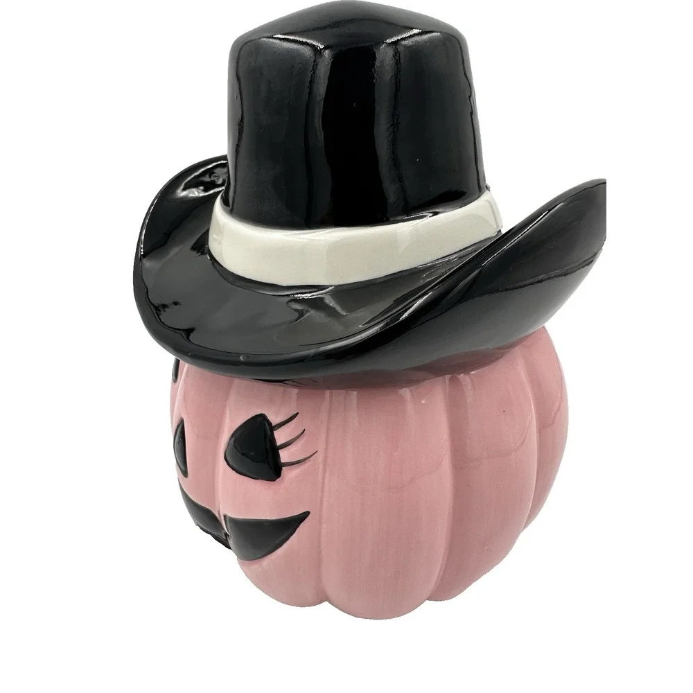 Pink Pumpkin Cowboy Hat Cookie Jar Ceramic Halloween Decor Pinkoween
